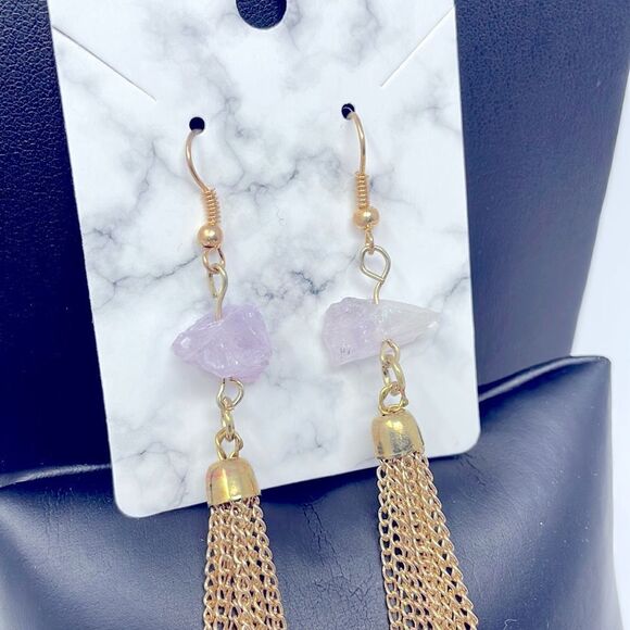Amethyst Crystal Gold Chain Fringe Earrings - Picture 4 of 7
